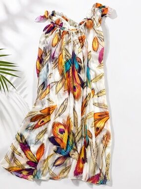 Boho Feather Print Beach Dress | Flowy Summer Sundress